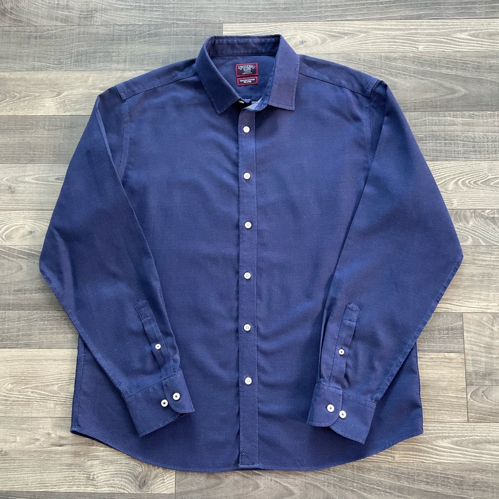 UNTUCKit Miocene 2 Ply Cotton Shirt Men’s XL Navy Blue White Polka Dot Button Up